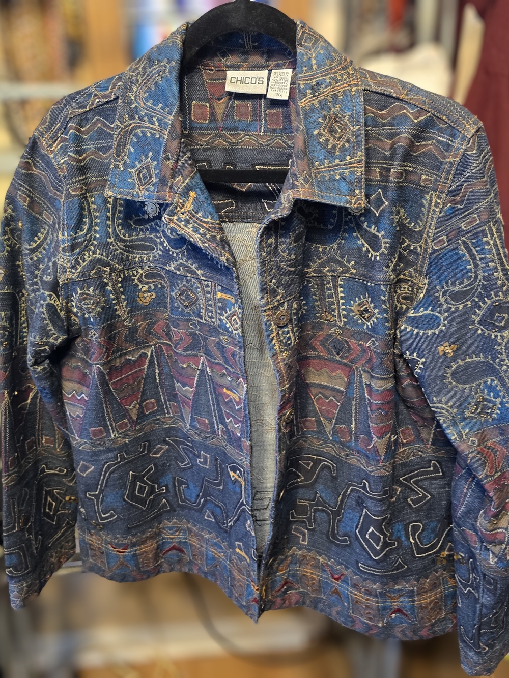 Vintage Y2K Chico’s Size 2 Embellished Embroidered Denim Jacket Boho Art Wear